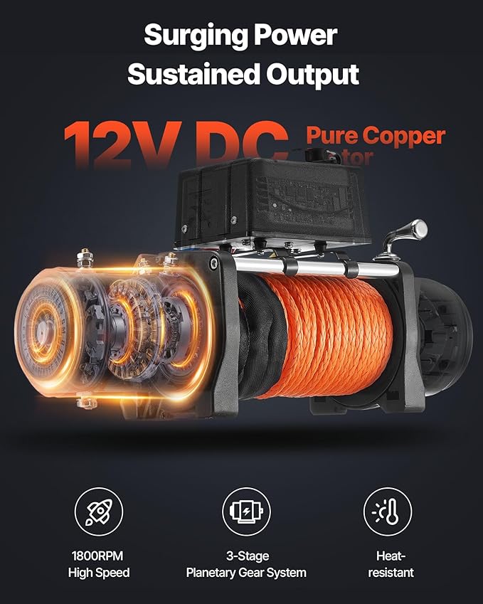 VEVOR 13,500 lb Electric, Truck Winch 12V DC 3/8 in x 80 ft Synthetic Rope Aluminum Fairlead Wireless & Wired Remote Control, 13500 lbs, IP55 Waterproof Towing for Off Road Jeep SUV Boat