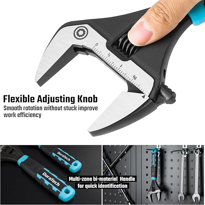DURATECH 10-Inch Adjustable Wrench, Wide Jaw Opening Plumbing Wrench, CR-V Steel, SAE and Metric Scale Marked, Ergonomic Grip