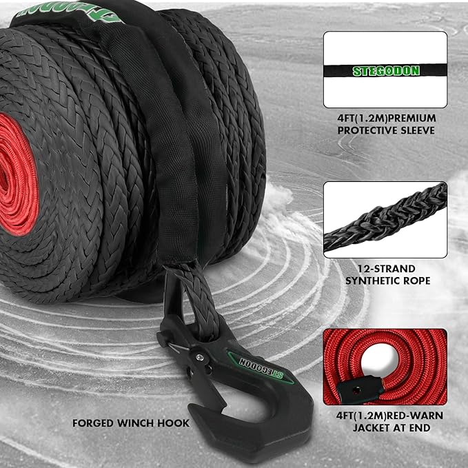 Winch Rope 1/2 in x 85 ft Synthetic Winch Rope Kit,32000 LBS Winch Line Cable with Soft Shackle,Winch Hook and Safety Pull Strap for 4WD Off Road Vehicle Truck (Black)