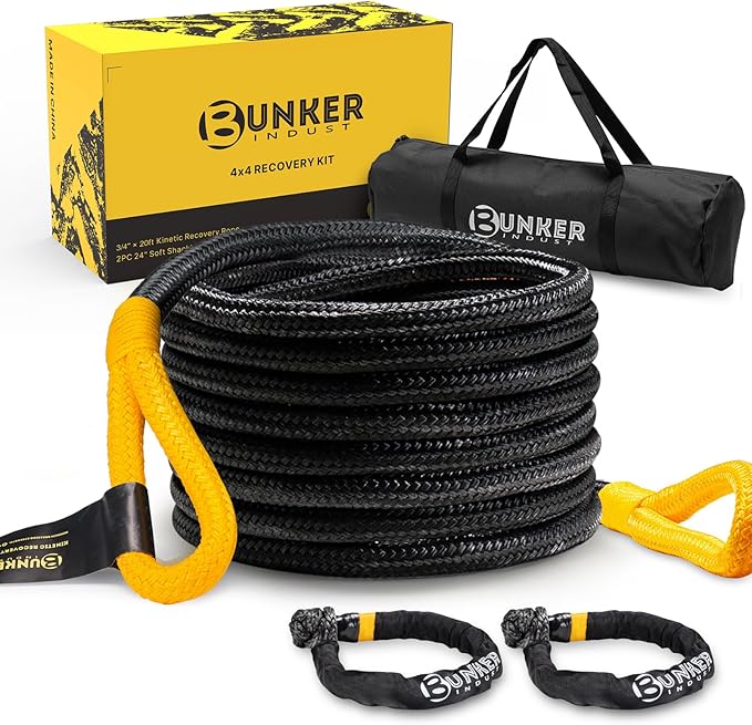 BUNKER INDUST 3/4in×20ft Kinetic Recovery Rope with 2 Soft Shackles Kit, Kinetic Recovery Tow Rope Snatch Strap Off Road Recovery Kit for UTV, ATV, Truck, Car, Jeep, Tractor