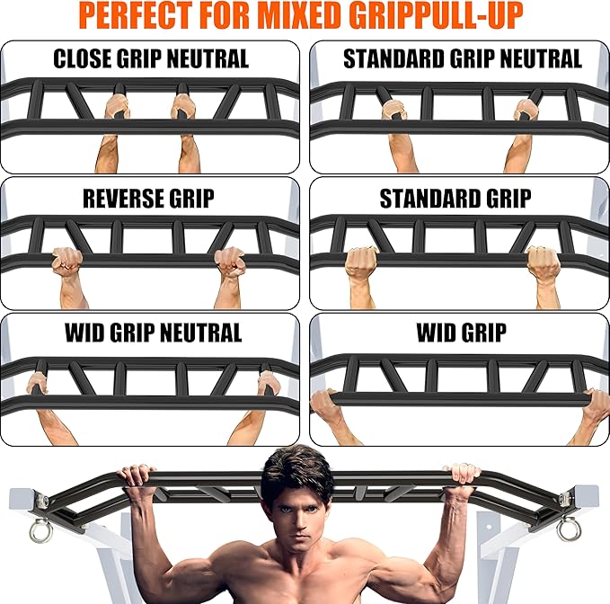 Upgraded-HWOOUSA Pull Up Bar Wall Mounted,Heavy Duty Multi Grip Bar with 14 Grip Positions,Space Saving Home Gym Equipment -Ideal for Garage,Outdoor Strength Training, Chin Up Bar,Supports to 600 Lbs