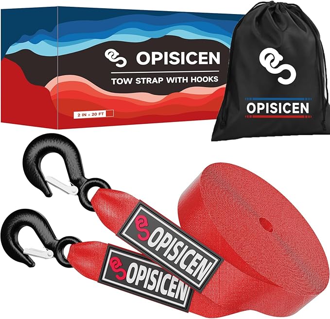 Tow Strap with Hooks 2 Inch x 20 Foot - 15,216 lbs Breaking Strength Emergency Heavy Duty Capacity Tow Rope Forged Steel Hooks for Car Truck Jeep ATV SUV, Roadside Recovery (Red, 2" x 20')
