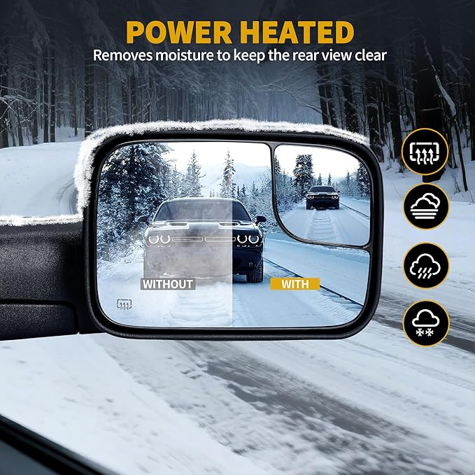 DWVO Side Towing Mirrors Compatible with 2002 2003 2004 2005 2006 2007 2008 Dodge Ram 1500, 03-09 Dodge Ram 2500 3500, Passenger Side Mirror with Power Heated Manul Folding, Black