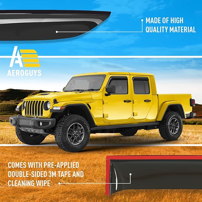 Extra Durable Window Deflectors Tape-On Window Visors Rain Guards Fit for Jeep Gladiator 2020-2026, Sun Visors, Wind Vent for Shades, Exterior Car Accessories - 4pcs. AG0545