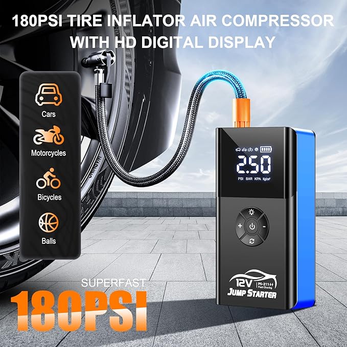 Jump Starter with Air Compressor, 8000A 180PSI, Portable Car Battery Jump Starter (All Gas/12L Diesel) 12V Automobile Jump Box Pack Chargers with Jumper Cables, 4-Mode LED Lights (Blue)