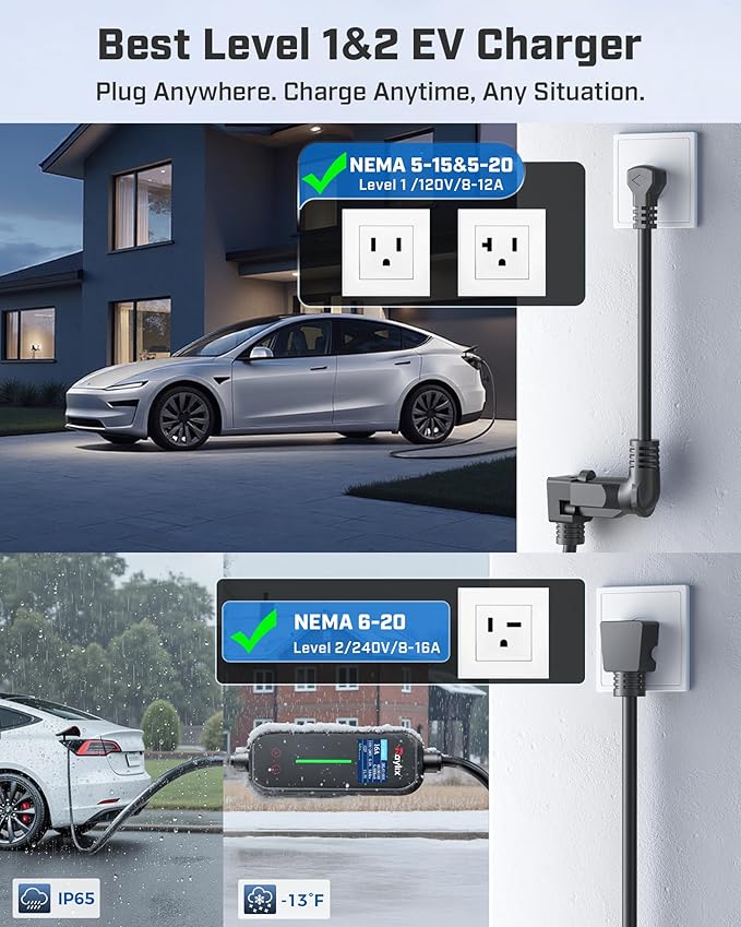 2025 Upgraded Level 1&2 Tesla Mobile Charger, 8-16Amp Adjustable Current & Timer, 110V–240V, NEMA 5-15 & 6-20 Plug, 21ft Tesla Charging Cable, Mobile Connector for Tesla Model Y/3/X/S/Cybertruc