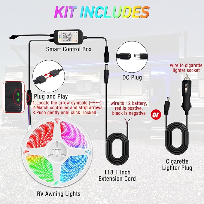 16.4FT RV Awning Lights, 12V Camper LED Light Strip with Remote and APP Control, Waterproof RV Exterior Strip Lights for Canopy Motorhome Travel Trailer Camping BBQ Kitchen (1PC-16.4FT New)