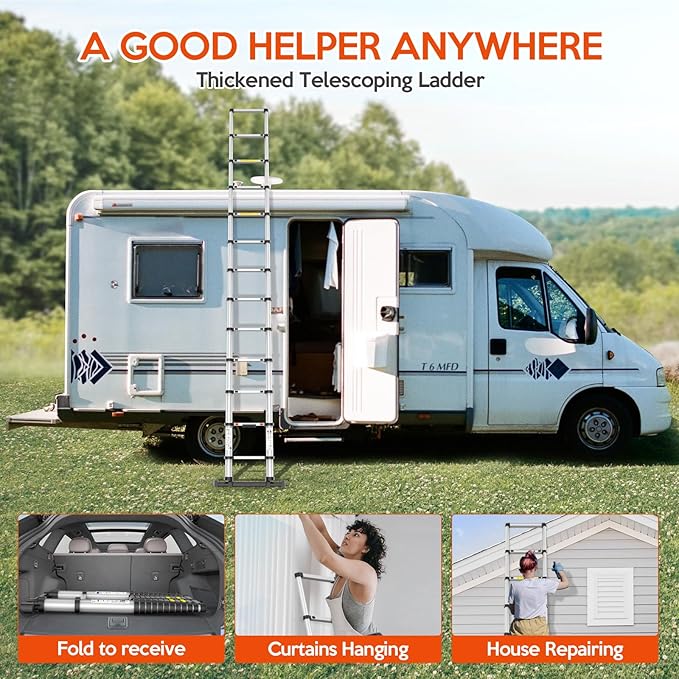 12.5FT Telescoping Ladder, Collapsible Ladder with Bottom Stabilizers, Slow Descent, One-Click Retraction to Protect Finger，Suitable for RV or Outdoor Work