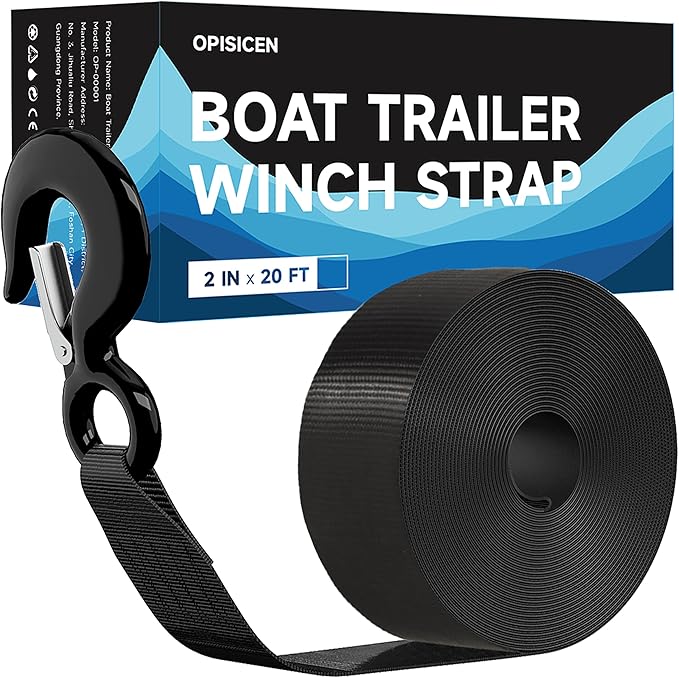 Heavy Duty Boat Trailer Winch Strap with Hook - 2" x 20' - 10,816lbs Breaking Strength, Hand Crank, Automotive Towing
