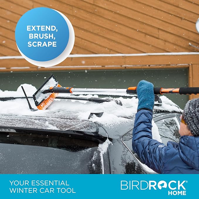 BIRDROCK HOME 58" Extendable Snow Brush with Detachable Ice Scraper | Heavy Duty, Non-Scratch for Cars, SUVs, Trucks | Windshield Paint Friendly | Telescoping Handle, Pivoting Squeegee & Bristle Head