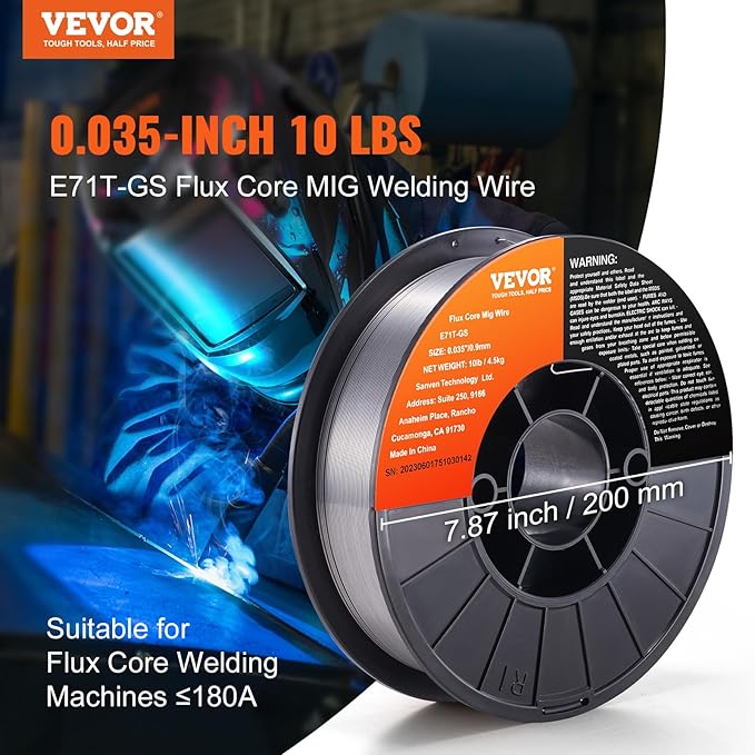 VEVOR Flux Core Welding Wire, E71T-GS 0.035-inch 10LBS, Gasless Mild Steel MIG Welding Wire with Low Splatter for All Position Arc Welding and Outdoor Use