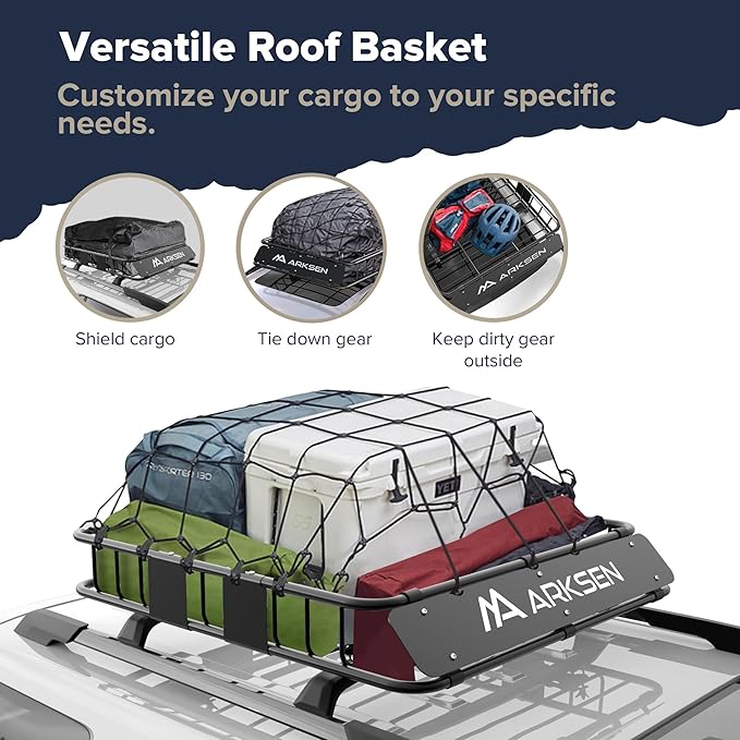 ARKSEN 43 x 39 x 6 Inch Universal 150LB Heavy Duty Roof Rack Cargo with 500D Waterproof Cargo Bag, Cargo Net & Ratchet Straps, Car Top Luggage Holder Basket for SUV, Truck, & Car Steel Construction
