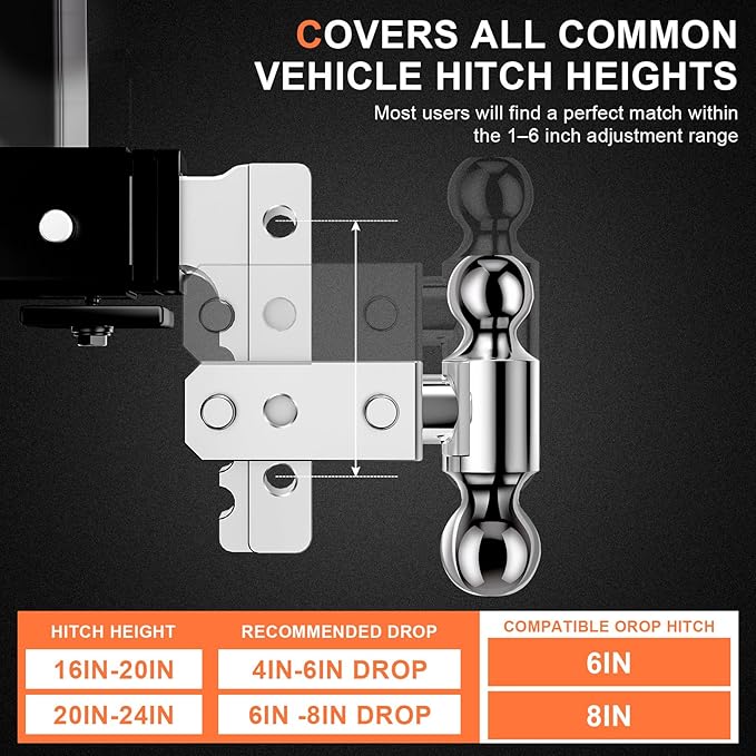 Adjustable Trailer Hitch, Fits 2-Inch Receiver, 6-Inch Drop/Rise for Trucks (12500 LBS GTW), Heavy Duty Aluminum Tow Hitches with 4 Silencer Pads & 2 Locking Hitch Pin, Silver