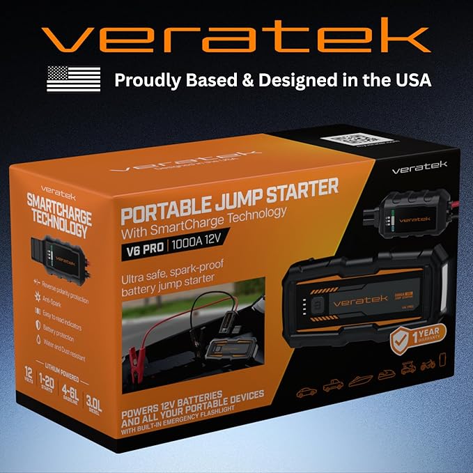 V6 Pro 1000A Car Battery Jump Starter Portable (6.0L Gas & 3.0L Diesel) – 12V Lithium Battery Booster Pack with SmartCharge Safety, Jumper Cables, 10000mAh Power Bank, Jump Box, LED Light