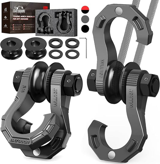 DAYDOOR D Ring Shackles with Snatch Block, 45,000Lbs Break Strength Towing Winch Shackle, 3/4" Heavy Duty Shackles with 7/8" Screw Pin for Off Road Vehicle Recovery (2 Pack,Gray)