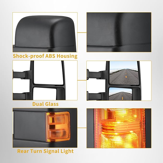 DWVO Power Heated Towing Mirrors for 1999-2007 Ford F-250, F-350, F-450 Super Duty and 2001-2005 Excursion, Amber Turn Signal, Extendable, Foldable Tow Side Mirrors, Pickup Accessories, Black