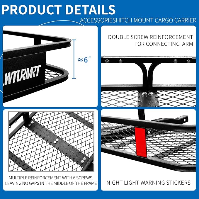 Anti-Abrasion Hitch Cargo Carrier 57"X21"X6",Trailer Rack Mount Steel with High Side Rails for RV's,Trucks,SUV,Vans,Cars 2" Receiver 500lb,Black