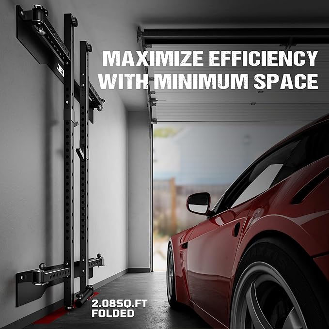 Folding Squat Rack, Wall Mounted Power Rack for Home Gym, Space Saving Multi-Functional Power Cage with Attachments