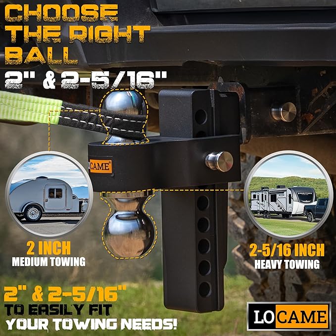 LOCAME Adjustable Trailer Hitch, Fits 2.5-Inch Receiver Only, 8-Inch Drop Aluminum Drop Hitch,18,500 LBS GTW-Tow Hitch for Heavy Duty Truck with Double Stainless Steel Locks, Black, LC0019