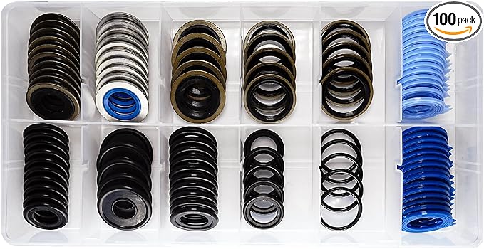 100Pcs 12 Types Metal Rubber Master Oil Drain Plug Gasket Assortment Kit Replace 097-021, 097-025, 097-035, 55196309, 097-116, 097-119, 097-115, 097-139, 097-146