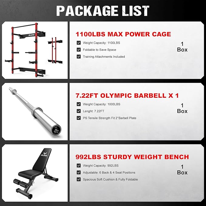 Folding Squat Rack, Wall Mounted Power Rack for Home Gym, Space Saving Multi-Functional Power Cage with Attachments