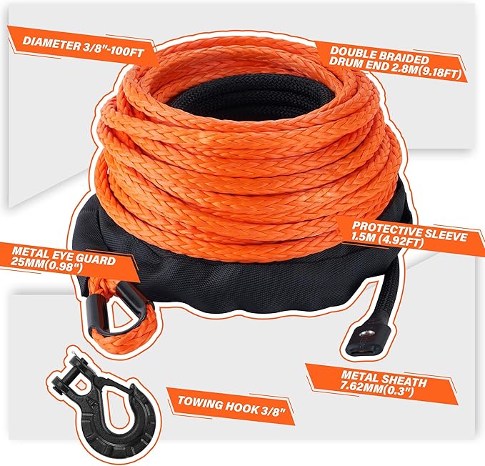 TYT Synthetic Winch Rope 3/8" X 92' with Hook, 27000LBS Synthentic Winch Cable Kit with Protective Sleeve for 4WD Off Road Vehicle Truck SUV Jeep (Orange)