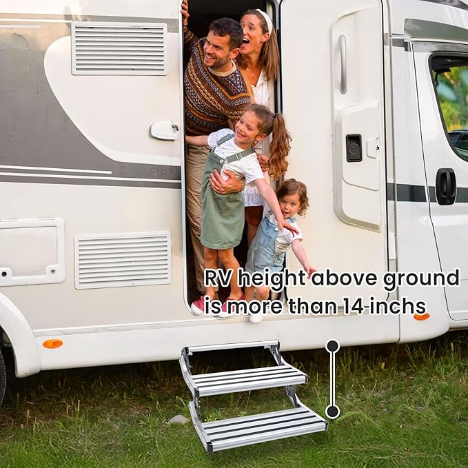 RV Steps, 2-Step, Manual Retractable RV Steps, 400 LBS Load Capacity, Foldable Aluminum Alloy Camper Steps, Thickened Steel Plate Trailer Steps, Non-Slip Design, Ideal for RV, Trailer, Camper