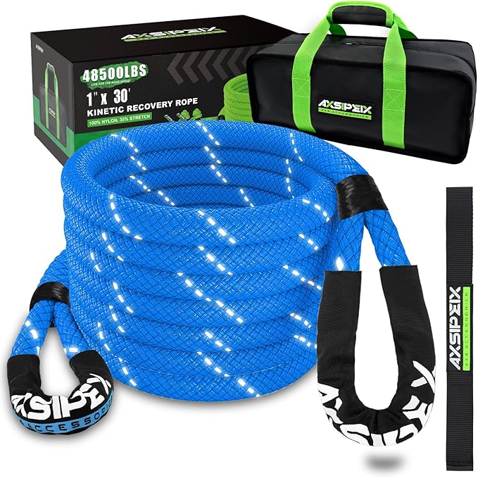 Kinetic Recovery Rope (Reflective) | 1in x 30ft 48,500Lbs Heavy Duty, 35% Elasticity Tow Rope - Offroad Snatch Strap for 4x4 Truck SUV UTV ATV Jeep