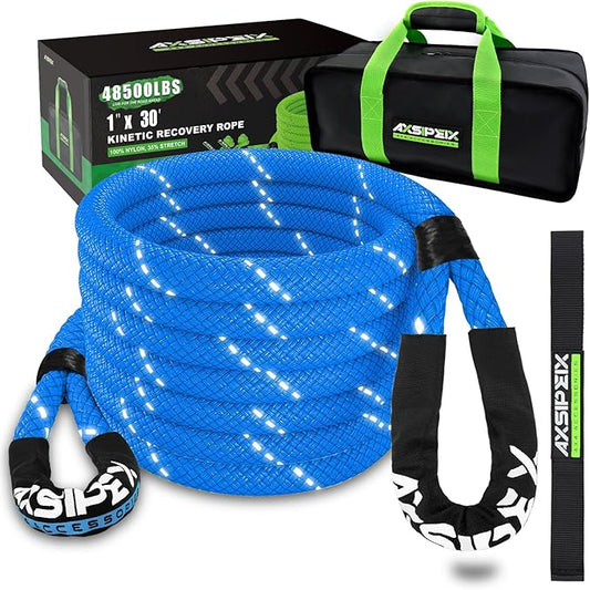 Kinetic Recovery Rope (Reflective) | 1in x 30ft 48,500Lbs Heavy Duty, 35% Elasticity Tow Rope - Offroad Snatch Strap for 4x4 Truck SUV UTV ATV Jeep