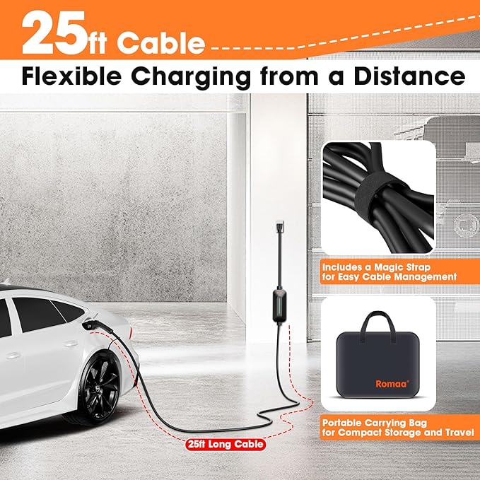 Level 1 and Level 2 Portable EV Charger J1772 16A - Dual Voltage 120V 240V Home Charging Station, 3.8 kW, Adjustable 8 to 16A, FCC Part 15, NEMA Type 3R, 25 ft, PHEV Ready