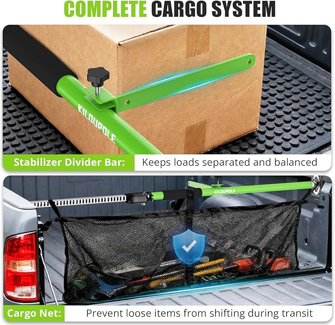 Adjustable Cargo Bars, 43" to 75" Non-Slip Truck Bed Divider, Cargo Bar for Pickup Truck Bed Cargo Bars for SUVs, Trailers, Vans, with Cargo Net Organizer and Divider Bar, 1-Pack