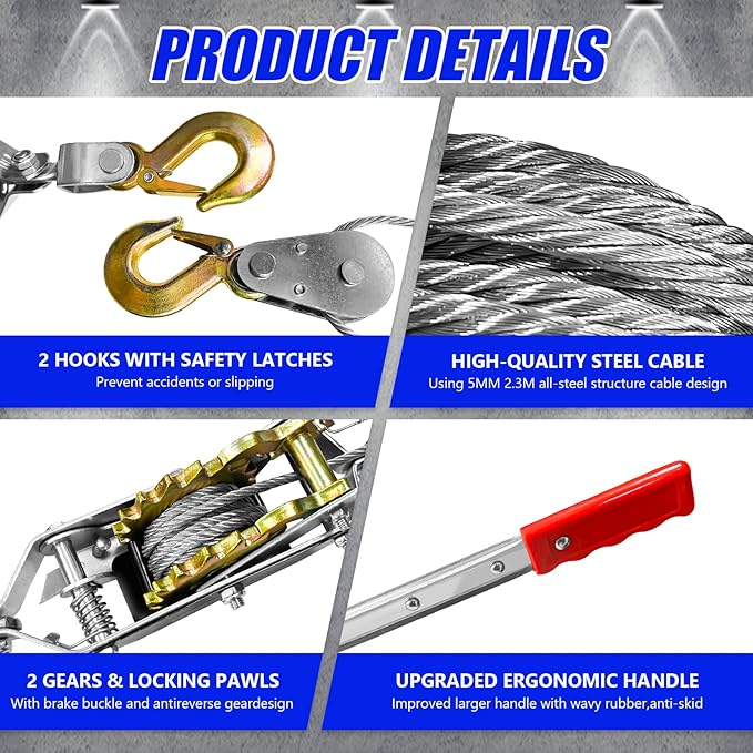 Come Along Winch 2-Ton (4400 Lbs) Pulling Capacity 7.54Ft 2 Hook Heavy Duty Power Cable Come Along Tool with Dual Gears Hand Winch Cable Automotive Hoist Winch Puller