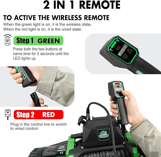 Winch 13500 lb Winch 12V Waterproof Electric Winch Synthetic Rope Winch Off Road Winches with 2 in 1 Wireless Remote for Towing Jeep Truck Off Road (Jungle EX)