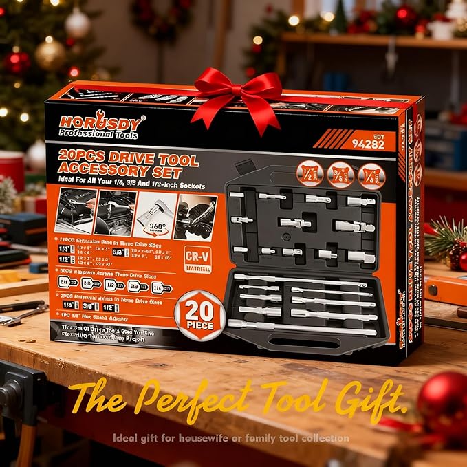 HORUSDY 20-Piece Socket Extension Bar Set, 1/4", 3/8" and 1/2" Drive Socket Extension Set, Universal Joint Socket, CR-V Steel