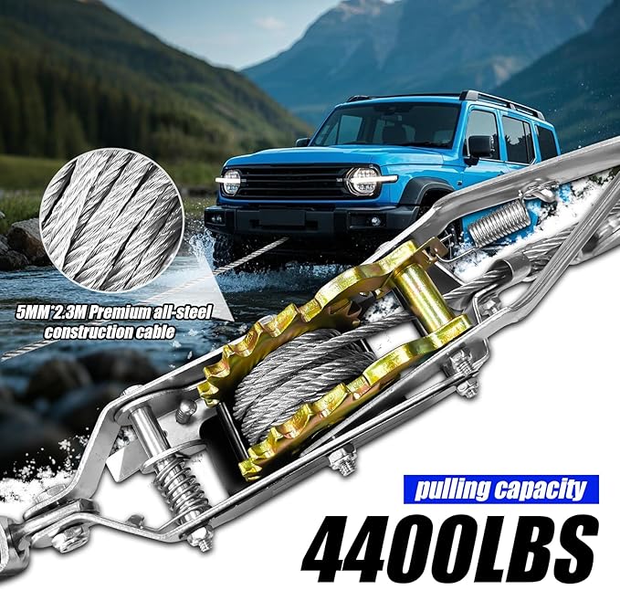 Come Along Winch 2-Ton (4400 Lbs) Pulling Capacity 7.54Ft 2 Hook Heavy Duty Power Cable Come Along Tool with Dual Gears Hand Winch Cable Automotive Hoist Winch Puller