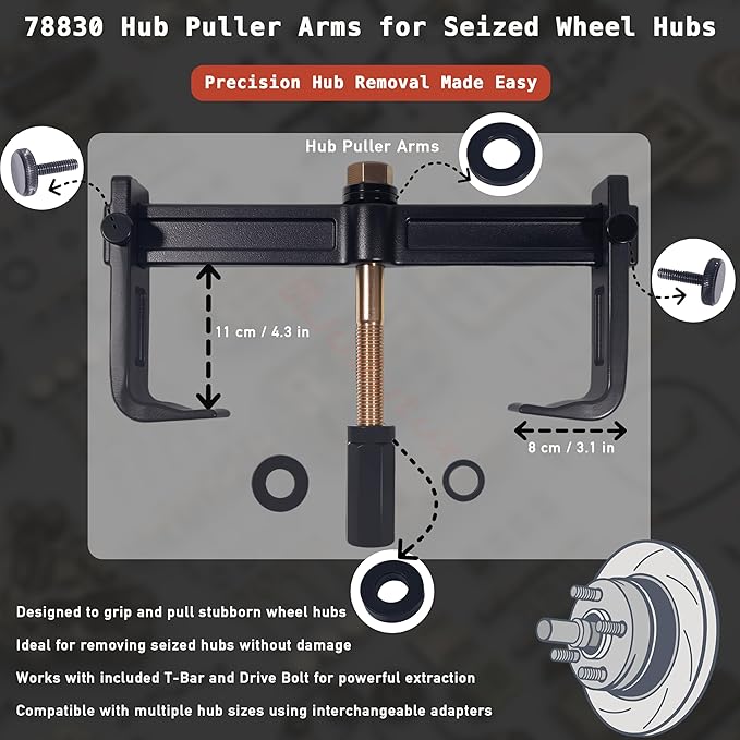 Heavy Duty Hub Drum and Rotor Puller Kit 78830, Hub Removal Tool Compatible with 1-1/4 inch Socket and 1-1/4 or 32 mm Wrench, Drum Rotor Brake Hub Puller