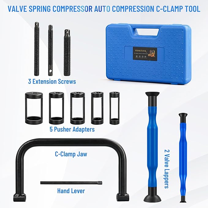 Valve Spring Compressor | 10 Piece Spring Clamp Tool Kit with C Clamp, Collet Pusher Adapters, Extension Rods, and Lever for Car, Motorcycle, ATV, and Small Engine Repairs (Blue)