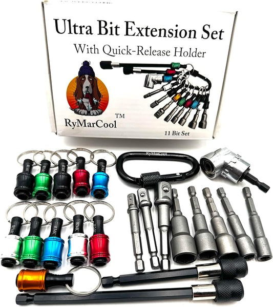 Ultra Bit Extension w/Quick-Release Holder - 4" extension, 6" extension, right-angle extension bit, 1/4", 3/8" and 1/2 socket bits, 1/4", 5/16", 3/8", 7/16", and 1/2" magnetic nut drivers.