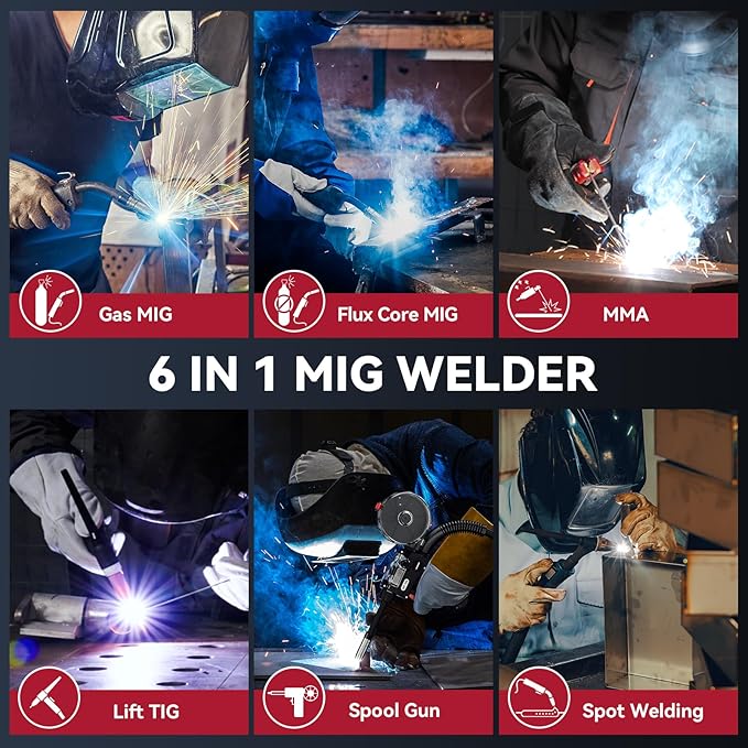ARCCAPTAIN 250A MIG Welder, 110V 220V Gas MIG/Gasless MIG/Stick/Lift TIG/Spool Gun/Spot 6 in 1 Welding Machine Aluminum Welding Machine Professional Welder Machine with Large LED Display