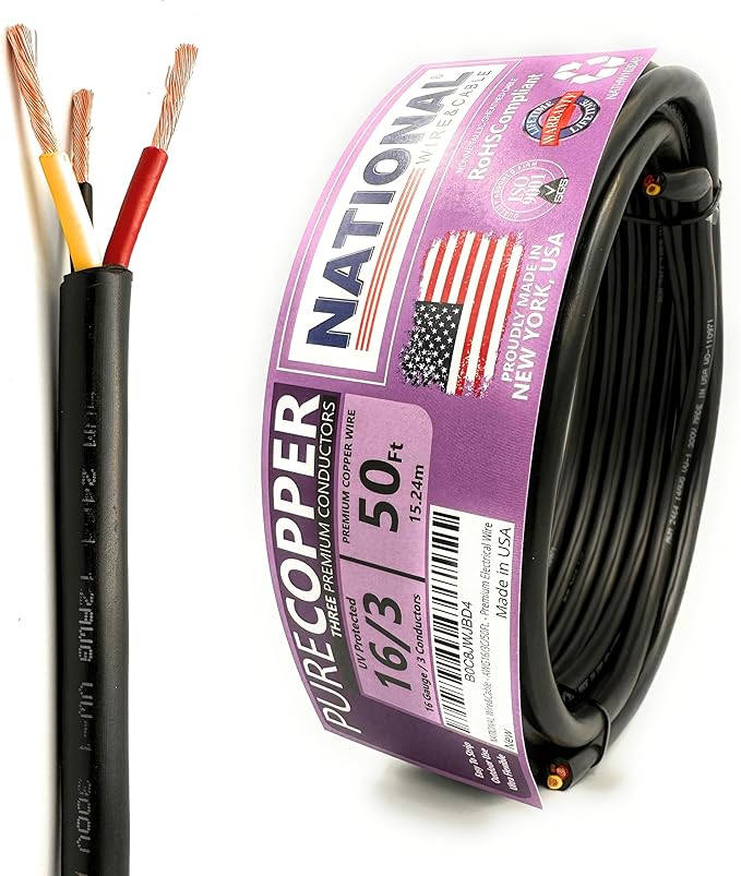 NATIONAL Wire & Cable – 16 AWG 3-Conductor Premium Copper Wire, 50 ft, Stranded | Made in USA, Heavy-Duty Flexible Jacket | LED, Lights, DIY Projects, Low Voltage Wiring, Indoor and Outdoor Use