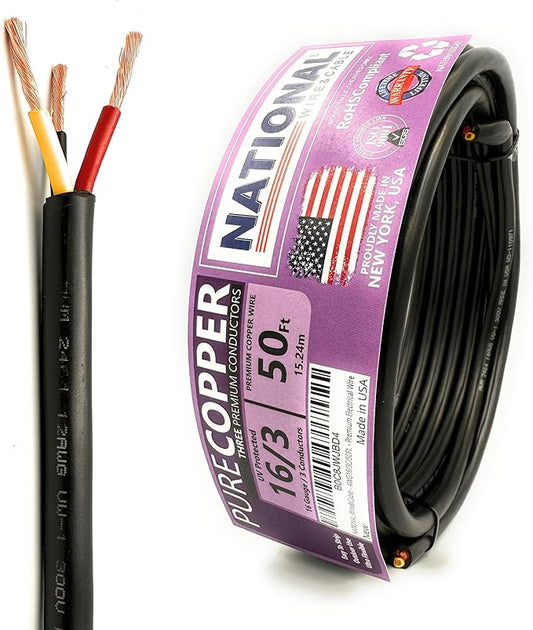 NATIONAL Wire & Cable – 16 AWG 3-Conductor Premium Copper Wire, 50 ft, Stranded | Made in USA, Heavy-Duty Flexible Jacket | LED, Lights, DIY Projects, Low Voltage Wiring, Indoor and Outdoor Use