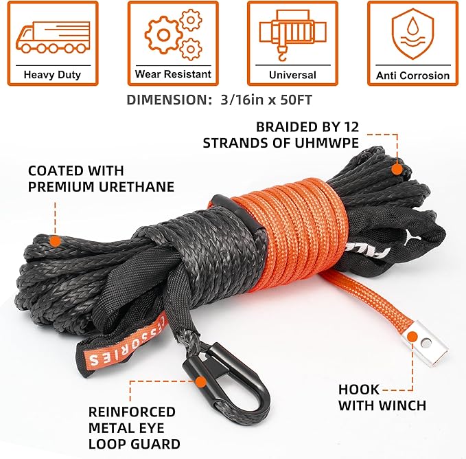 ALL-TOP Synthetic Winch Rope Cable, 3/16" x50ft, 8350LBS Winch Replace Line with Protective Sleeve for Offroad Vehicle ATV UTV