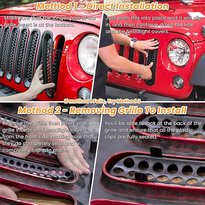Front Grille Mesh Inserts & Headlight Cover for Jeep Wrangler JK JKU Sport Freedom Rubicon Sahara Unlimited 2007-2018 Exterior Accessories Clip-in Grille Guard Headlight Bezels Trim (Matte Black)