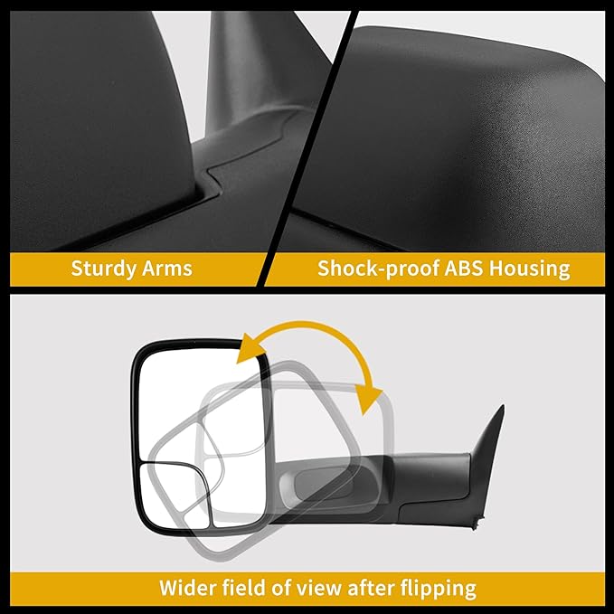 DWVO Towing Mirror fit 94-97 Dodge Ram 1500 2500 3500, Tow Mirrors with Power Adjusted Plane Mirror, Manual Flip Up Left+Right