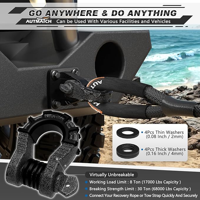 AUTMATCH D Ring Shackles 3/4" Mega Shackle (2 Pack) 68,000Ibs Break Strength - Heavy Duty Clevis Shackles 7/8" Screw Pin & Isolator Washer for Tow Strap Winch Off Road Vehicle Recovery, Grainstone