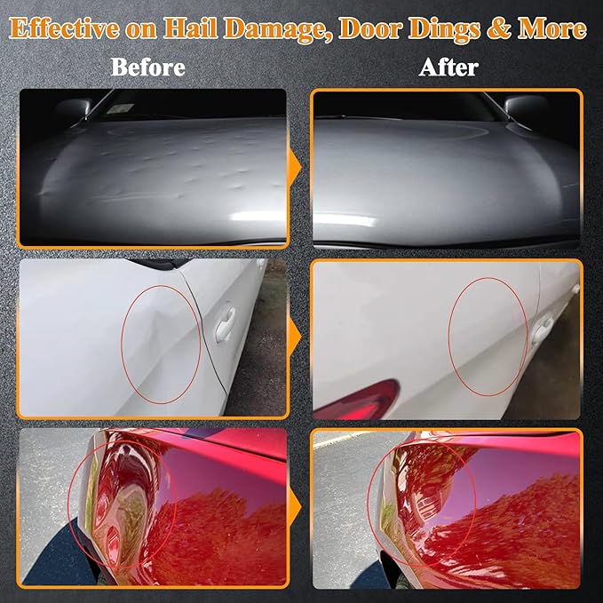 Car Dent Puller Kit with Slide Hammer & Suction Cups – 132pc PDR Tools for Auto Body & Hail Dent Repair – DIY Car Dent Repair Kit with Glue Gun, Rubber Hammer & Trim Tools