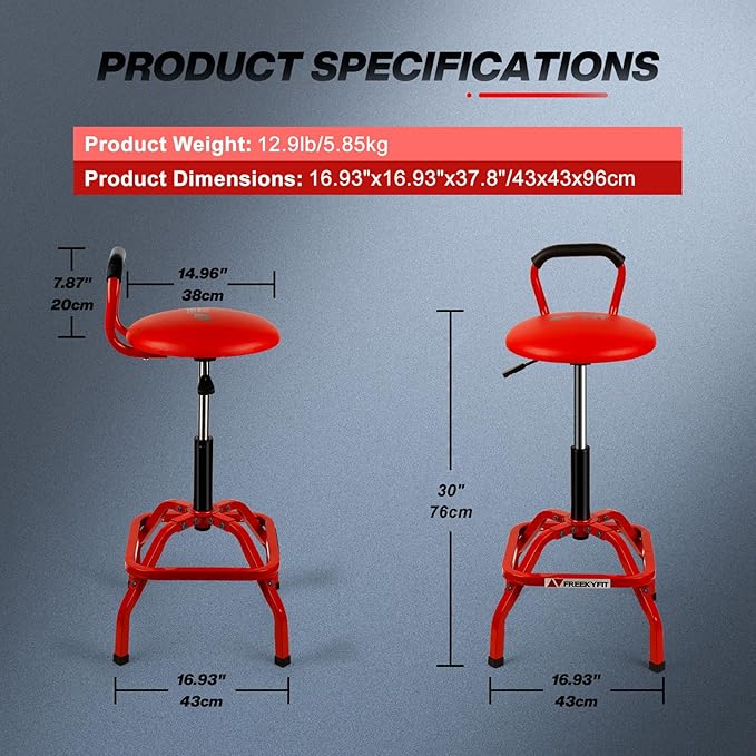 Garage Stool, Adjustable Height Swivel Work Mechanic Shop Stool with Backrest, Pneumatic Shop Chair for Home, Workshop, 300 LBS Capacity, 360° Rotation, Heavy Duty, Red