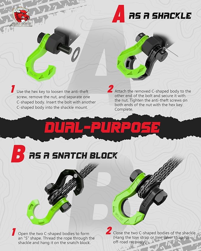D Ring Separate Shackle with Snatch Block, 3/4" Easy Open Shackles w/Snatch Block Pulley, Heavy Duty Shackle for Towing Winch, Pulley for Off-Road Vehicle Recovery, Truck, ATV, UTV, Blackgreen