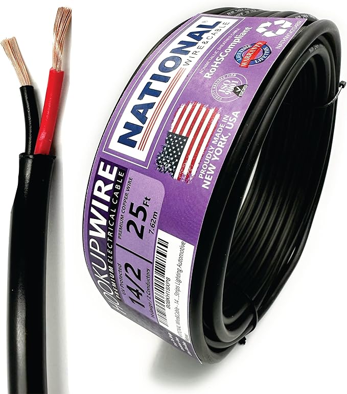 NATIONAL Wire & Cable – 14 AWG 2-Conductor Premium Copper Wire, 25 ft, Stranded | Made in USA, Heavy-Duty Flexible Jacket | Automotive, Low Voltage, LED, Lights, DIY, Indoor and Outdoor Use