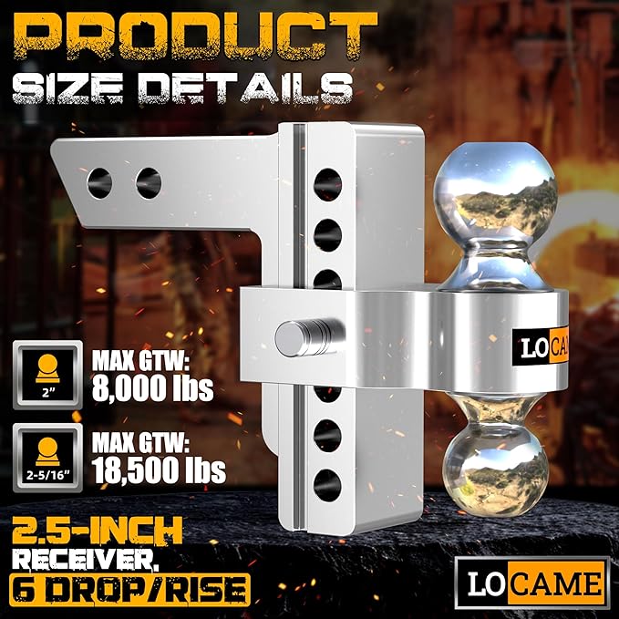 LOCAME Adjustable Trailer Hitch, Fits 2.5-Inch Receiver, 6-Inch Drop/Rise Aluminum Drop Hitch,18,500 LBS GTW-Tow Hitch for Heavy Duty Truck with Double Stainless Steel Locks, LC0026